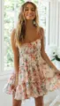 Jolie robe courte fleurie à bretelles spaghetti, tenue de vacances d'été pour femmes. - Orange Vert