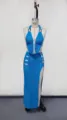 Blue crochet knit halter crop top and high split maxi skirt beach cover-up set for women - S / Top And Bottom / Blue