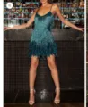 Dunkelgruenes Pailletten Fransen Feder Slip Kleid Party V-Ausschnitt Sexy Mini Kleid - Dunkelgrün