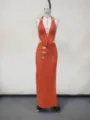 Orange Knit Crochet Two Piece Beach Dress Bikini Cover Up Sexy Cutout Maxi Skirt Set - S / Top And Bottom / Orange