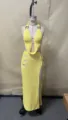 Yellow crochet knit two piece beach dress hollow out bikini cover up swimsuit for women - S / Top And Bottom / Yellow