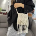 Bohemian handmade macrame fringe cotton woven shoulder phone bag for summer beach vacation - Off White