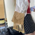Handmade macramé cotton woven shoulder bag with long tassels for bohemian summer vacation style - Khaki