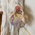 Summer straw bucket bag with purple hello embroidery and floral scarf wrapped handle - Purple