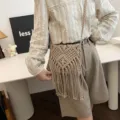 Bohemian style beige handmade macramé crossbody bag with long tassels and woven strap. - Dark Khaki