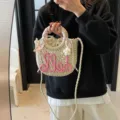 Handmade summer straw bucket bag with pink script and floral silk scarf wrapped handle - Rose Pink