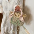 Handwoven summer straw bucket bag with floral scarf handle and green hello embroidery - Green