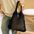 Handmade black cotton rope macrame woven tote bag with internal drawstring pouch - Pink
