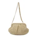 Elegant handmade beige straw woven shell-shaped bag with a delicate gold chain strap - Crossbody Shoulder Style / Off White