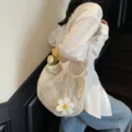 Summer beige crochet mesh tote bag with white flower charm and yellow tulips decoration - Off White