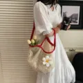 Woven hollow mesh shoulder tote bag for summer beach vacation with white flower detail - Red