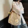 Large beige hollow-out mesh tote bag featuring a white knit flower charm for summer - Brown