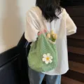 Summer green mesh tote bag with a white knit flower charm for stylish beach vacations - Green