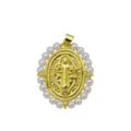 Detalle de colgante medalla religiosa ovalada bañada en oro 18k con borde de perlas - Estilo Relieve Icono Santo (Colgante Solo) / Paquete de 1 Pieza / DN260809-C