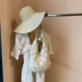 Handmade crochet cotton thread bag with hollow sunflower pattern in cream beige. - Bag With Hat Set / Off White