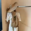Handmade crochet straw shoulder bag with sunflower pattern in natural beige for spring - Bag With Hat Set / Khaki