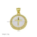 Close-up detail of the gold-plated round cross pendant with white enamel and sparkling zircon stones. - White Round Cross Pendant Only (Without Chain)