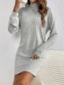 Lockerer einfarbiger Rollkragen Langarm Rippstrick Kleid für Damen Herbst Winter Alltag - S / Hellgrau