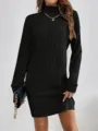 Schwarzes Langarm Rippstrick Kleid mit Stehkragen - Stilvolle Freizeitmode Herbst Winter Variante - S / Schwarz