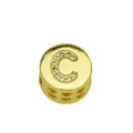 Macro view of gold round charm pendant with crystal inlaid letter C and side heart cutouts. - Style C / Pendant Only (Without Chain)