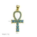 Detailed view of gold Ankh cross pendant with turquoise stones and measurement specs - Ankh Style (DN260504-B) - Pendant Only (Without Chain)
