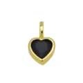Close-up van een minimalistische zwarte hartvormige hanger met een vergulde afwerking. - Hanger Zonder Ketting (Zwart Zirconia Hart)