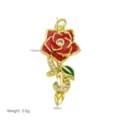 Vergoldeter roter Rosenblüten Anhänger Charm mit Strass und Emaillierungsdetails Zubehör - Roter Lack Rosenzweig Anhänger (DN260524-G) / Nur Anhänger (Ohne Kette)
