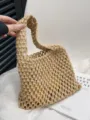 Handgemachte gewebte Baumwollseiltasche, hohle Strandhandtasche, lässige einfarbige Sommertasche. - Khaki