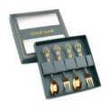 Juego de Cuchara y Tenedor de Postre de Acero Inoxidable Dorado Vintage Relieve - Set de 4 Cucharas y Tenedores de Café (Caja Verde) / Dorado