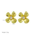 Detailed shot of gold plated four petal flower zircon stud earrings 22mm size and weight - Clover Style (DE260302-D)