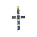 Close-up detail of a gold-plated cross pendant set with blue and white cubic zirconia stones. - DN260310-D (Pendant Only)