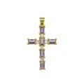 Detailed view of 18k gold plated cross pendant with purple and clear cubic zirconia stones. - DN260310-F (Pendant Only)