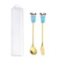 Ensemble de cuillère et fourchette en acier inoxydable avec boîte de rangement pour dessert. - Cuillère et fourchette tasse thé au lait bleue en boîte de rangement