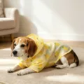 Gros plan sur les details de l'impermeable pour chien avec motif d'ananas et tissu etanche. - XS / Jaune