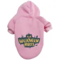 Detailed view of the pink pet hoodie featuring a cute Halloween party graphic on the back. - XS / Batman Pink