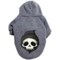 Grey dog hoodie with cute skull print, warm Halloween pet apparel for small dogs. - XS / Halloween Skeleton - Grey