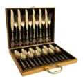 Set di posate di lusso in acciaio inossidabile dorato con manici goffrati vintage e scatola - Set da 24 Pezzi in Scatola di Legno / Oro Titanio