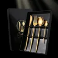 Gold stainless steel cutlery set 4-piece knife fork spoon in luxury gift box, elegant table ware. - Titanium Gold 4-Piece Cutlery Set in Color Box