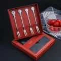 Stainless steel fruit forks set of 4 with cute floral handles in red gift box for dessert cake. - 4-Piece Flower Fork Set (Red Box) / Natural