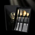 Stainless steel cutlery set with black and gold finish, luxury 4-piece tableware in gift box. - 4-Piece Black Gold Cutlery Set, Color Box