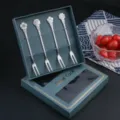 Stainless steel fruit forks set with cute flower design in gift box for dessert party. - 4-Piece Flower Fork Set (Green Box) / Natural