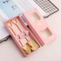 Set de cucharas con forma de pala de acero inoxidable dorado en caja de regalo - Juego de 2 cucharas de pala cuadrada con caja rosa - Oro