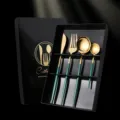 Luxury stainless steel cutlery set with gift box, gold and dark green four-piece flatware. - Peacock Green & Gold 4-Piece Main Cutlery Set in Color Box