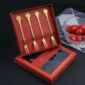 Stainless steel floral fruit forks set, gold dessert forks with gift box for home and party. - 4-Piece Flower Fork Set (Red Box) / Titanium Gold