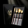 Stainless steel cutlery set, 4 pieces, glossy gold and pink handle design in gift box. - Pink & Gold 4-Piece Main Cutlery Set in Color Box