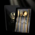 Luxury stainless steel cutlery set with knife fork spoon and chopsticks in a black gift box. - Titanium Gold Silverware Set (Knife, Fork, Spoon, Chopsticks) in Color Box