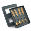 Ensemble cuillère fourchette en acier inoxydable plume dorée boîte cadeau élégant - Ensemble de 4 Pièces Cuillère et Fourchette / Boîte Verte / Or titane