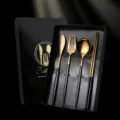 Stainless steel cutlery set with knife fork spoon and chopsticks in black gold gift box - Black & Gold Silverware Set (Knife, Fork, Spoon, Chopsticks) in Color Box