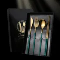 Stainless steel cutlery set with fork knife spoon chopsticks in luxury green gold gift box. - Peacock Green & Gold Silverware Set (Knife, Fork, Spoon, Chopsticks) in Color Box