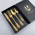 Luxury gold vintage embossed stainless steel cutlery set including knife fork and spoons. - 410 Stainless Steel Court Style 4-Piece Cutlery Set - Natural Color